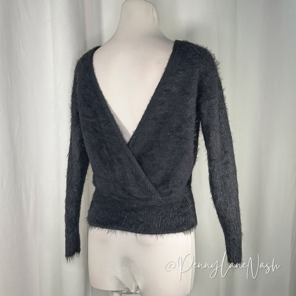 American Eagle Fuzzy Eyelash Back Surplice Sweater XS Black - Picture 10 of 11